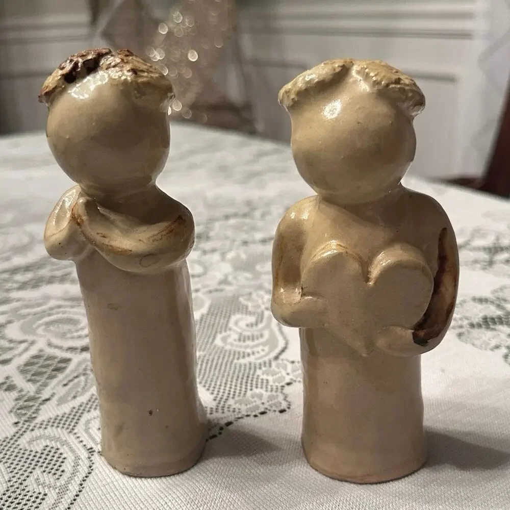 Glazed Stoneware Pottery Rustic Figurines X2 Folk Art Cottage Chic Love & Prayer